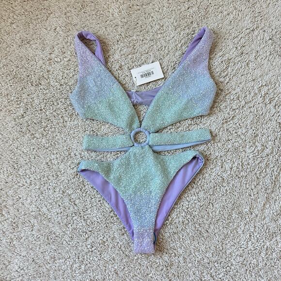 NEW Oceanus Mei Hand Beaded Cut Out Onesie Swimsuit in Blue Ombre Size Small - Picture 3 of 6
